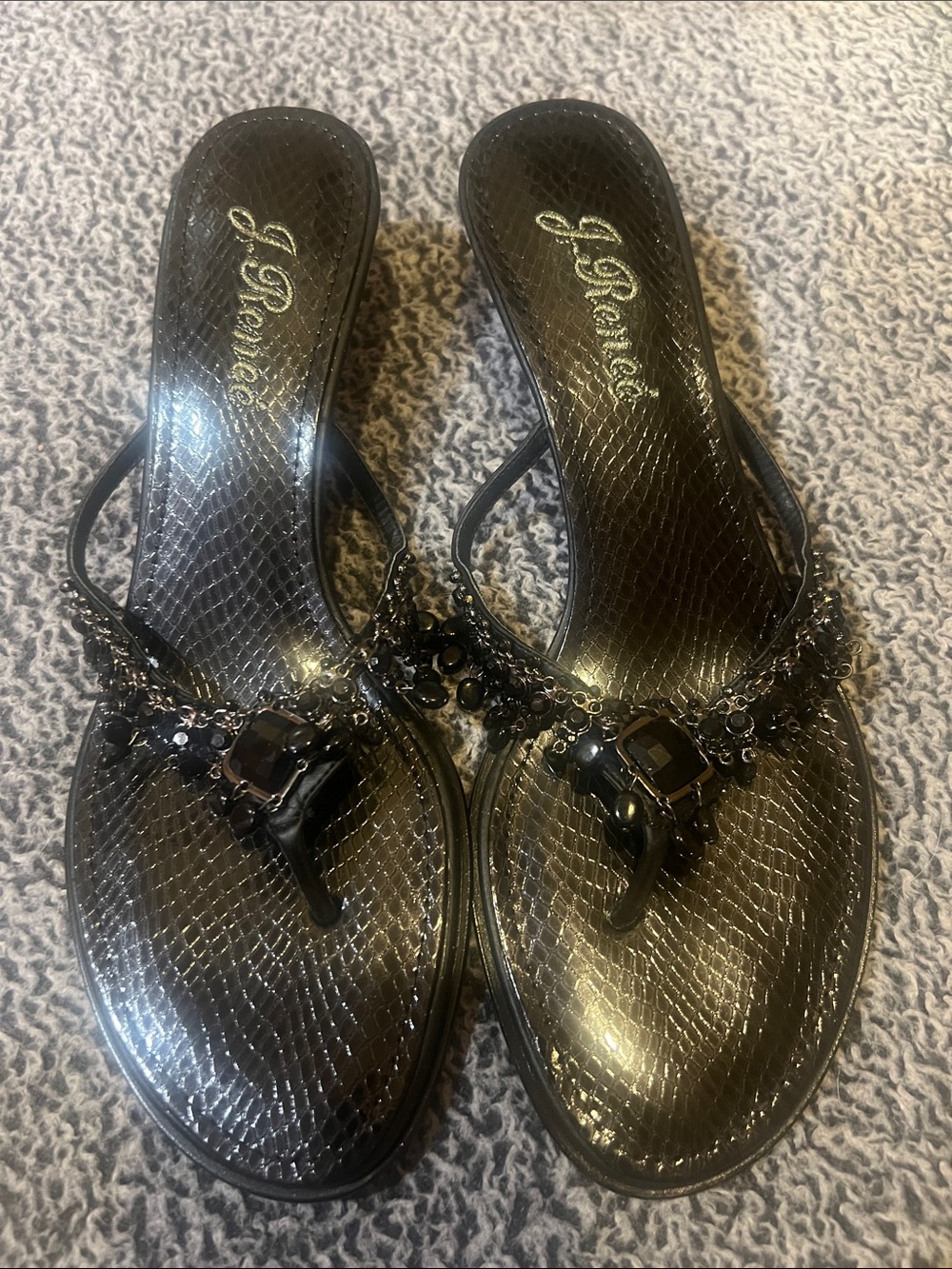 J.Renee Black Jeweled Thong Sandals